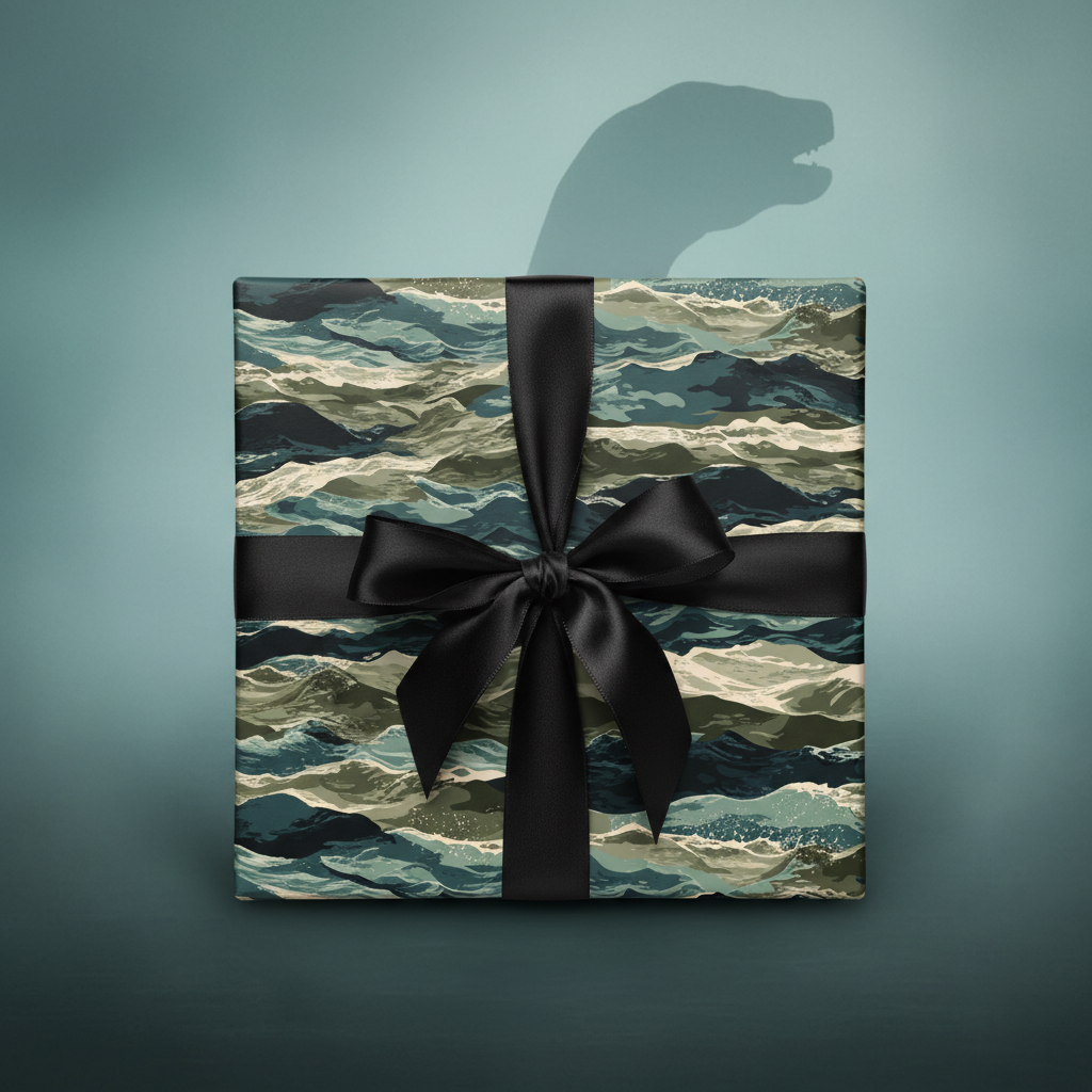 Square gift wrapped in abstract wave print wrapping paper with a black satin ribbon and bow.