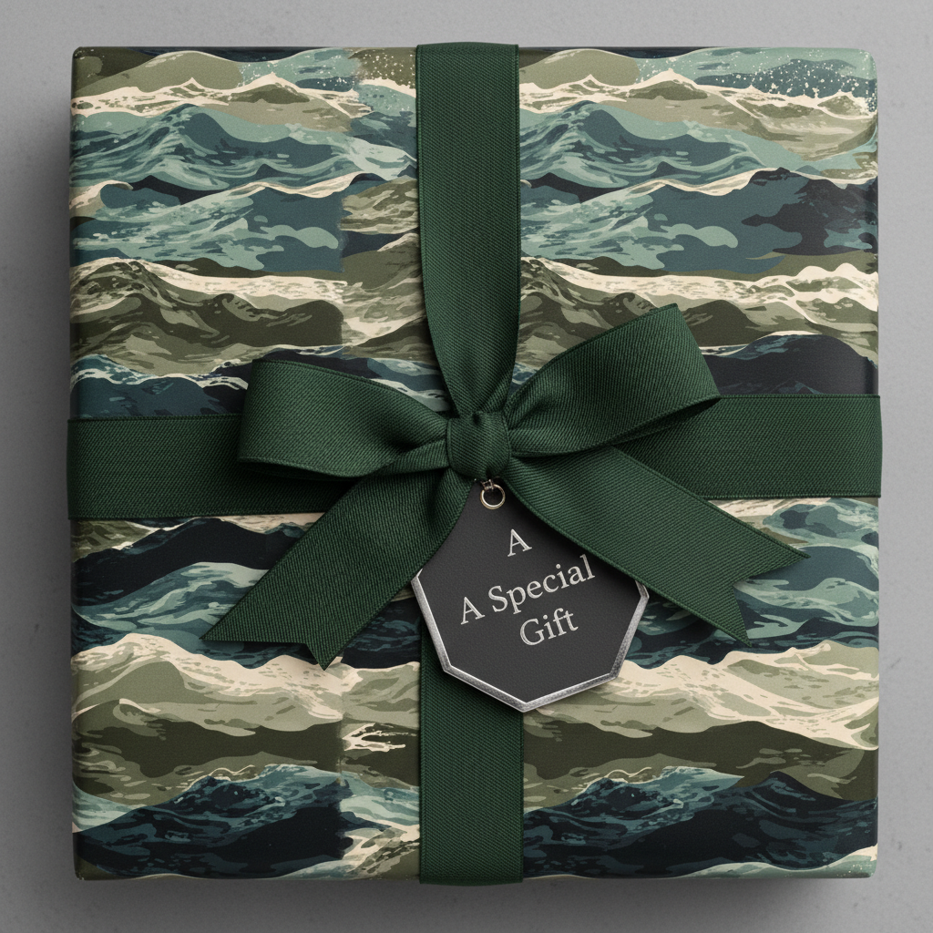 Square gift with navy and khaki wave wrapping paper, tied with a green ribbon and tag.