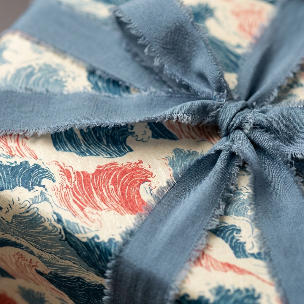 Luxury Japanese wave wrapping paper in blue and red with a frayed ribbon, by Wrapped Studios.