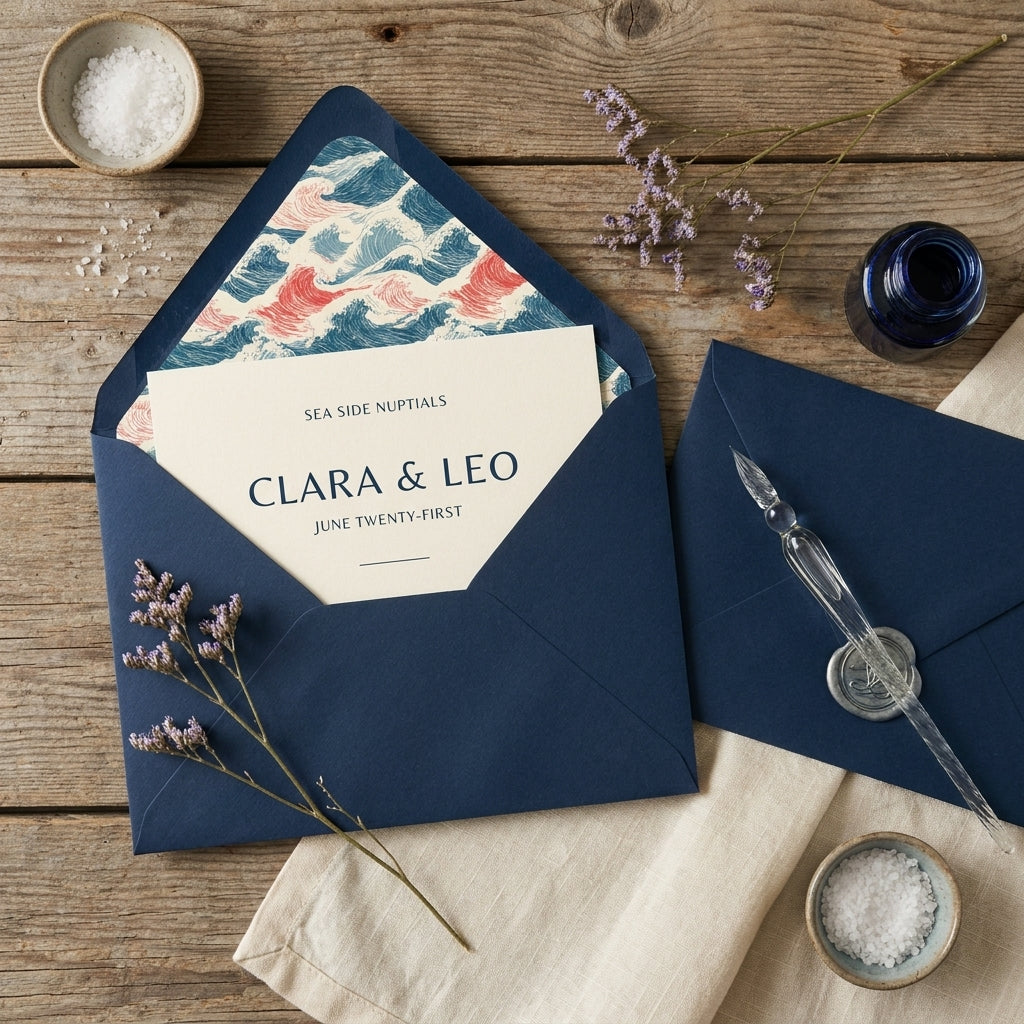 Coastal wedding invitation with wave patterned envelope liner by Wrapped Studios.