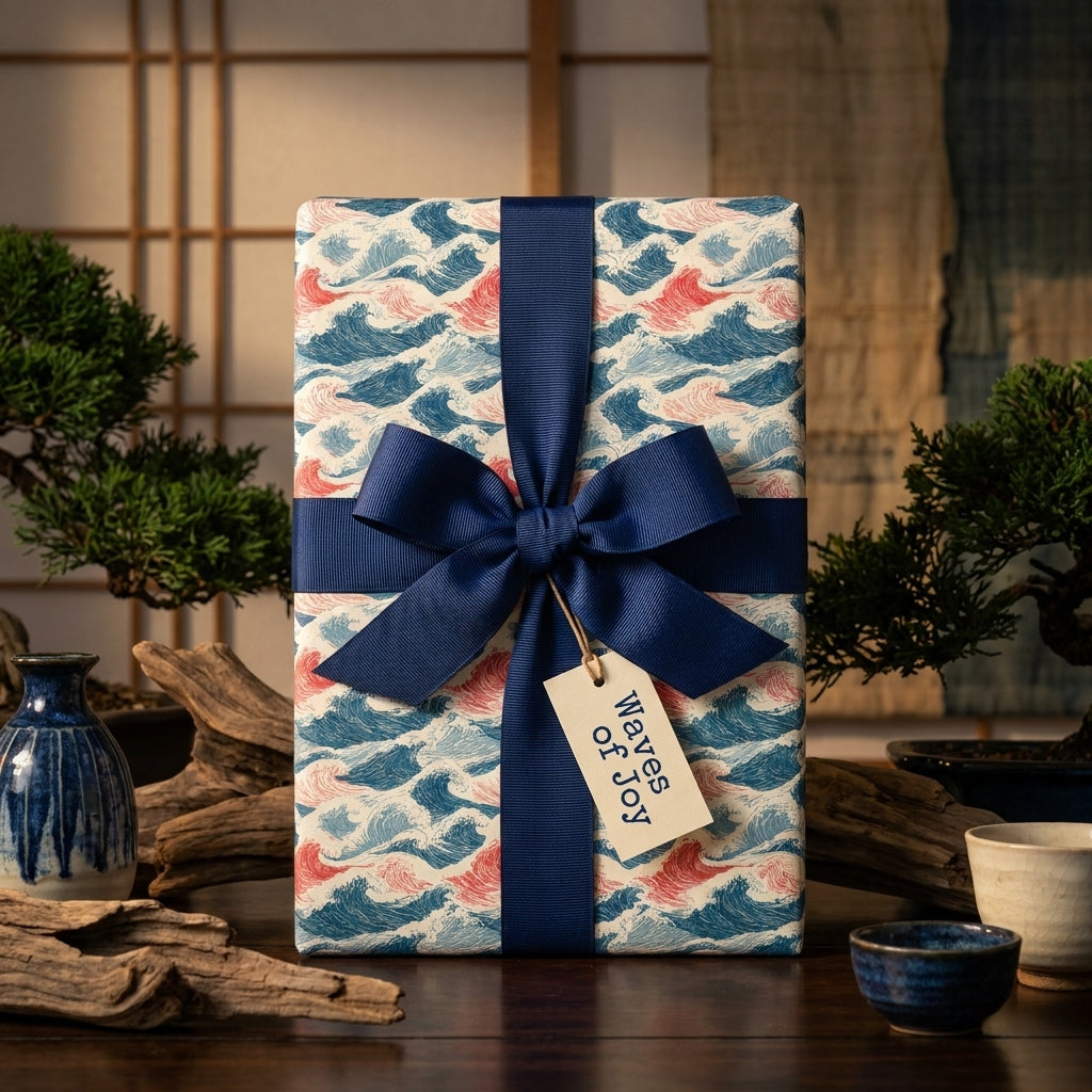 Japanese wave wrapping paper in blue and coral with a navy bow by Wrapped Studios. Elegant luxury gift wrap.