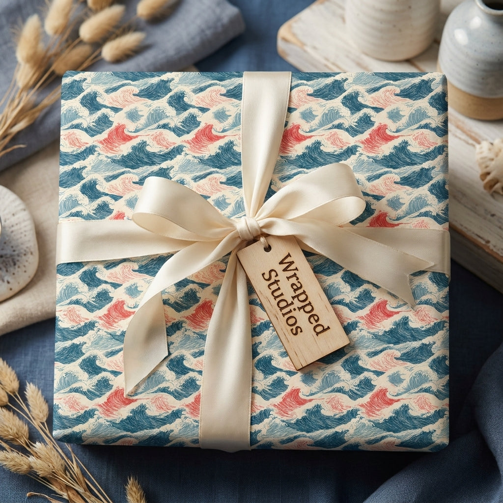 Ocean wave wrapping paper in blue and coral with a cream satin ribbon by Wrapped Studios.