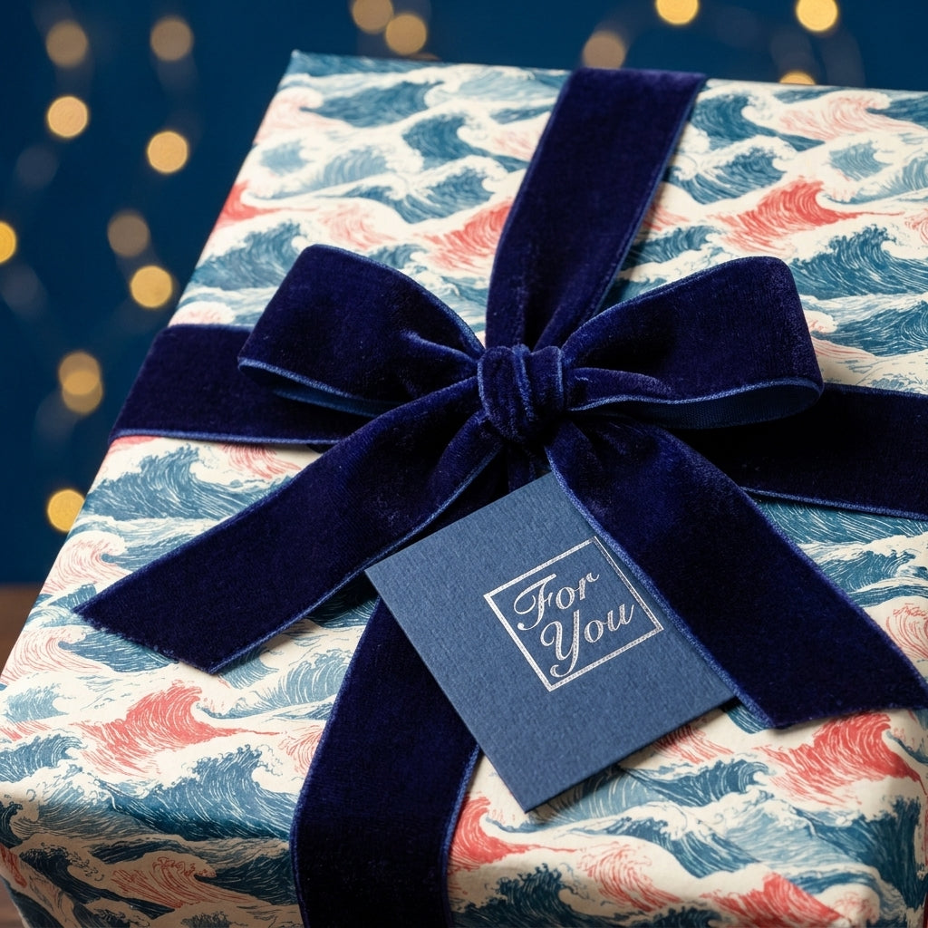 Luxury ocean wave wrapping paper with navy blue velvet bow and For You tag by Wrapped Studios.