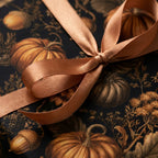 Vintage pumpkin wrapping paper with a copper satin bow. Elegant fall gift wrap by Wrapped Studios.