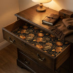 Vintage pumpkin gift wrap with autumn leaves lining a wooden drawer by Wrapped Studios.