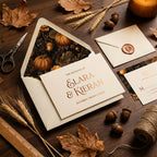Rustic autumn wedding stationery with copper foil and pumpkin envelope liner by Wrapped Studios.