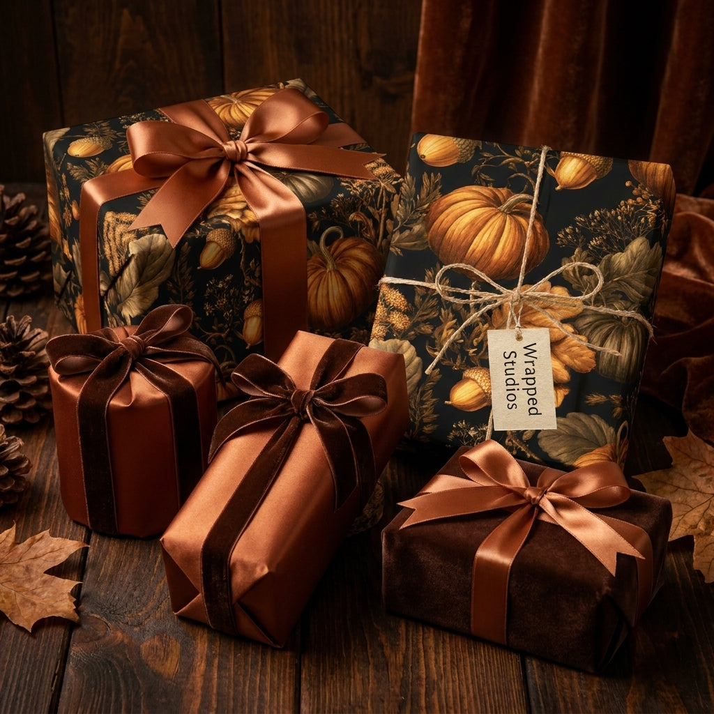 Luxury autumn gift wrap with vintage pumpkin patterns and copper ribbons by Wrapped Studios.