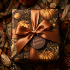 Luxury autumn wrapping paper with a pumpkin pattern and copper ribbon by Wrapped Studios.