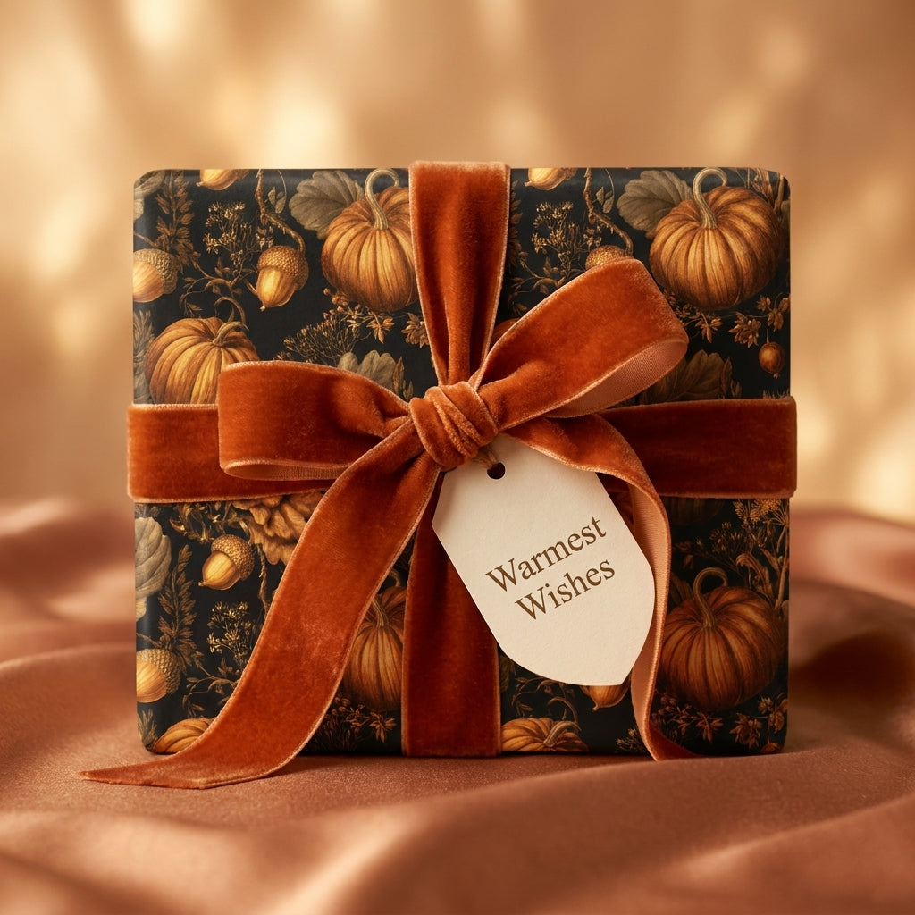 Fall pumpkin wrapping paper with orange velvet bow on Thanksgiving gift by Wrapped Studios.