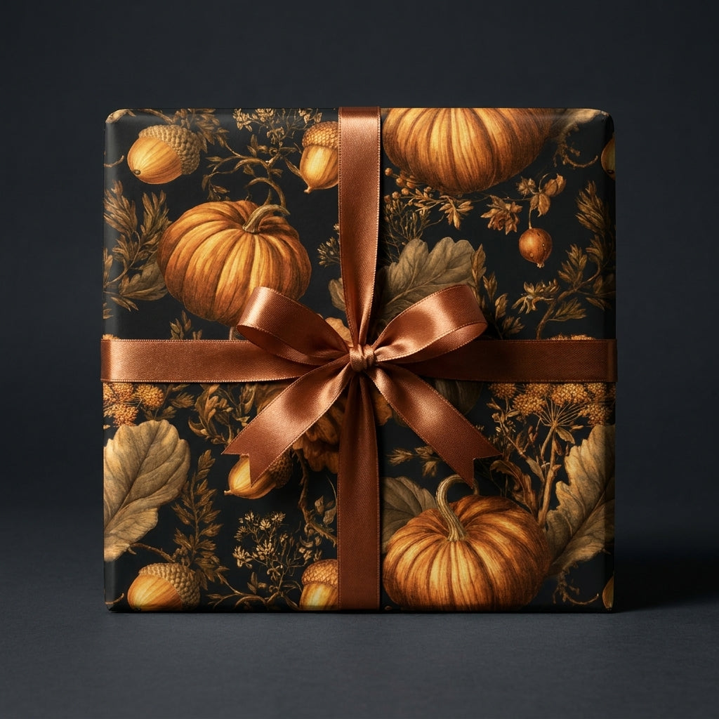 Luxury Thanksgiving wrapping paper with a vintage pumpkin pattern and bronze bow by Wrapped Studios.