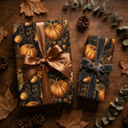 Rustic pumpkin wrapping paper on fall gifts with satin and velvet bows by Wrapped Studios.