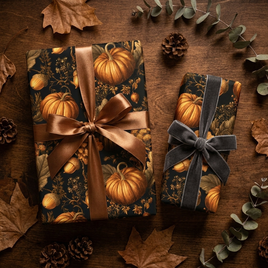 Rustic pumpkin wrapping paper on fall gifts with satin and velvet bows by Wrapped Studios.