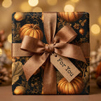 Vintage pumpkin wrapping paper with bronze bow and tag, luxury autumn gift wrap by Wrapped Studios.