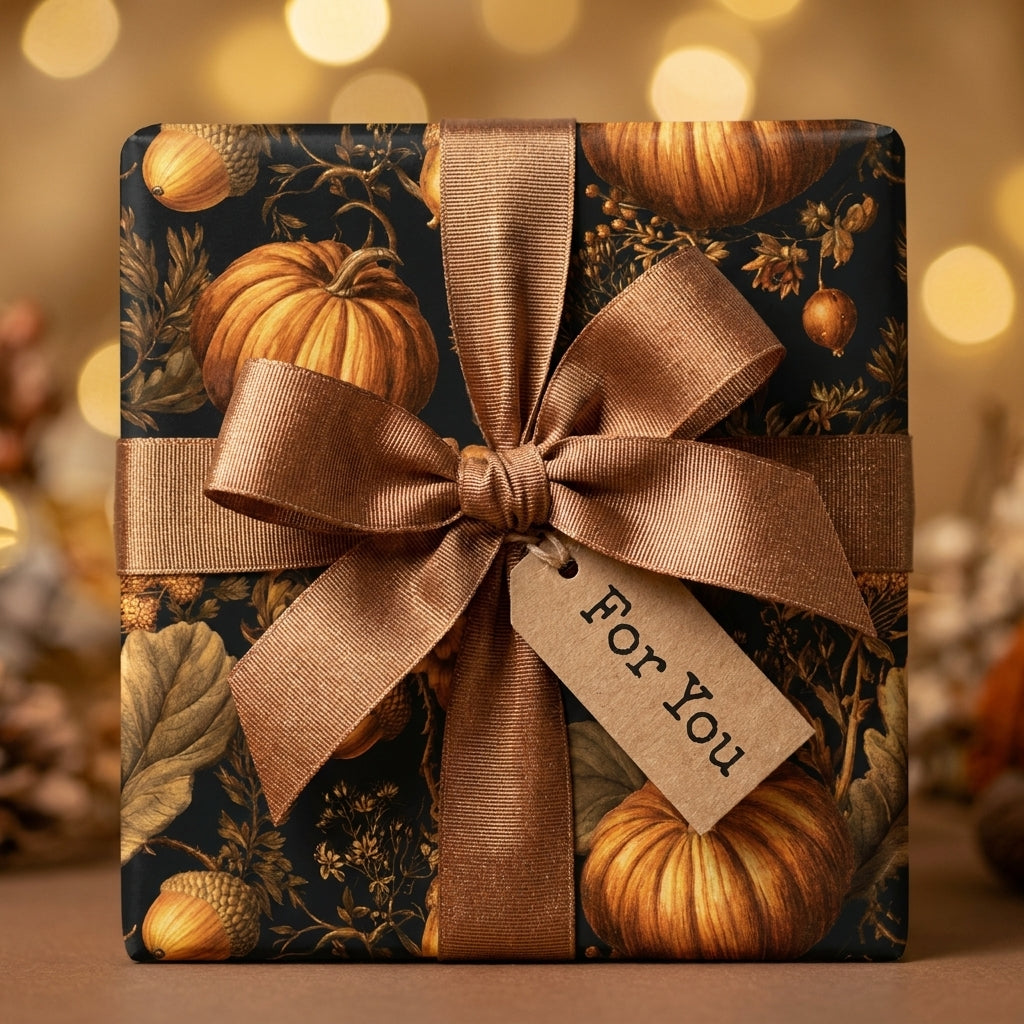 Vintage pumpkin wrapping paper with bronze bow and tag, luxury autumn gift wrap by Wrapped Studios.