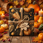 Rustic Thanksgiving wrapping paper with pumpkins and fall leaves by Wrapped Studios.