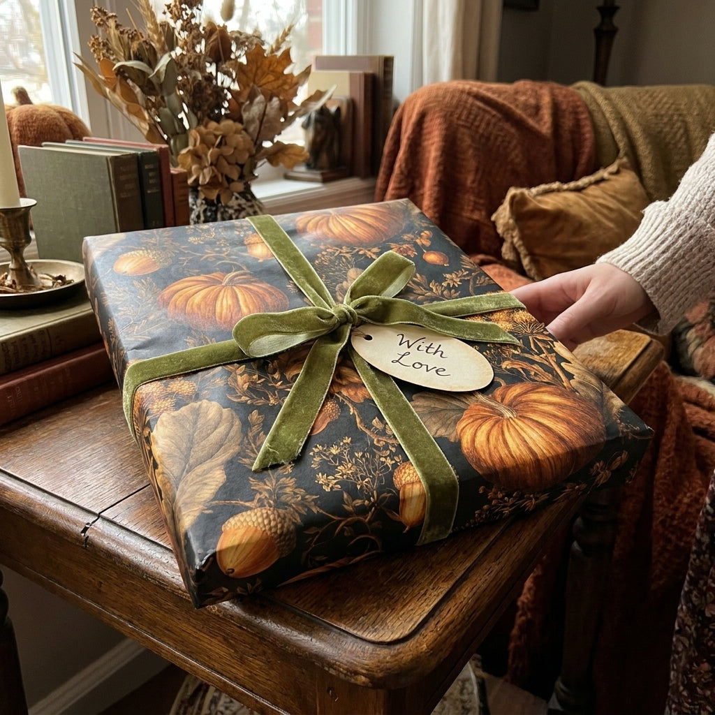 Rustic fall pumpkin wrapping paper with olive velvet ribbon on cozy autumn gift by Wrapped Studios.