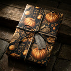 Pumpkin gift wrap with rustic fall pattern, black twine bow, and No Peeking tag by Wrapped Studios.
