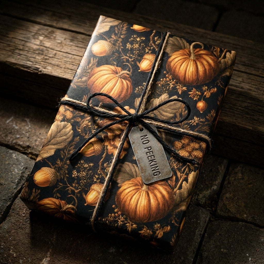 Pumpkin gift wrap with rustic fall pattern, black twine bow, and No Peeking tag by Wrapped Studios.