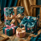 Luxury teal alcohol ink wrapping paper on elegant gift boxes with gold ribbons by Wrapped Studios.