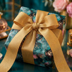 Elegant teal and emerald marble wrapping paper with a gold bow, luxury gift wrap by Wrapped Studios.