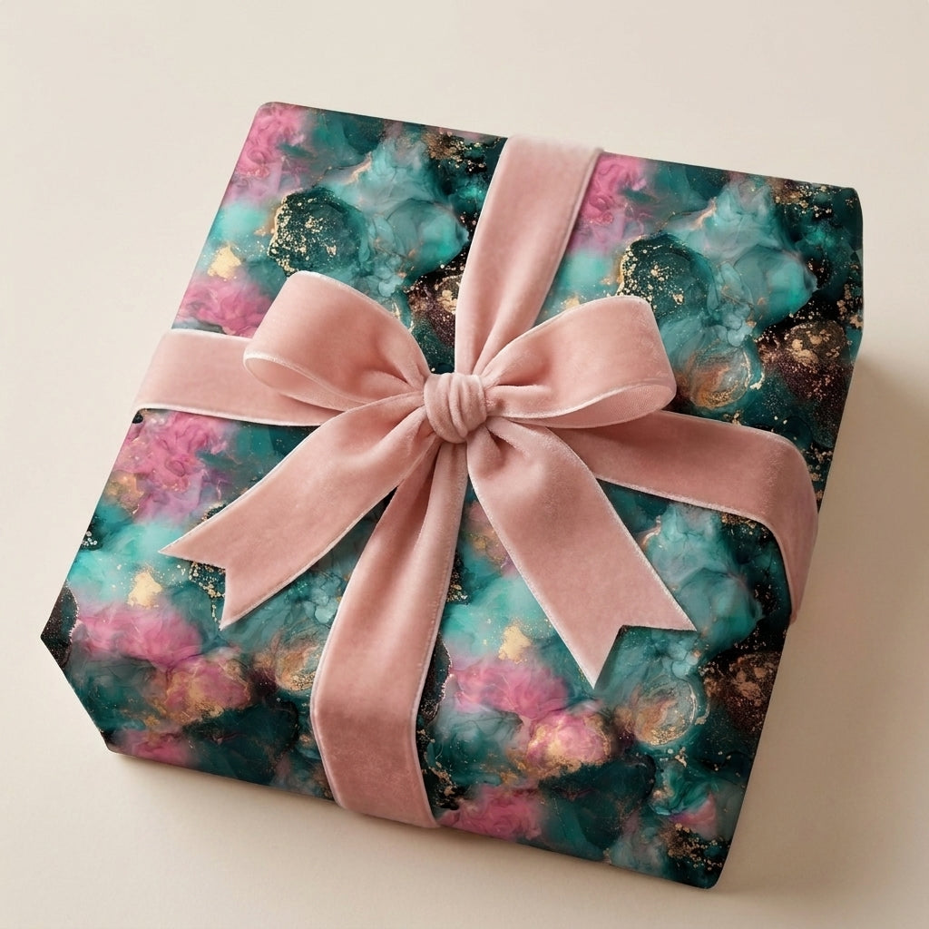 Luxury teal and pink alcohol ink gift wrap with a blush velvet bow by Wrapped Studios.