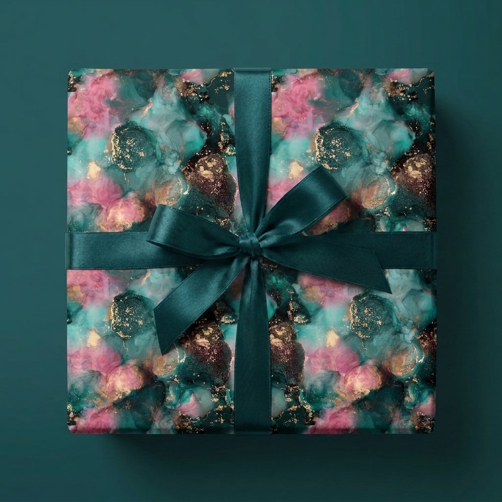Luxury abstract wrapping paper in emerald, pink, and gold with a green satin ribbon by Wrapped Studios.