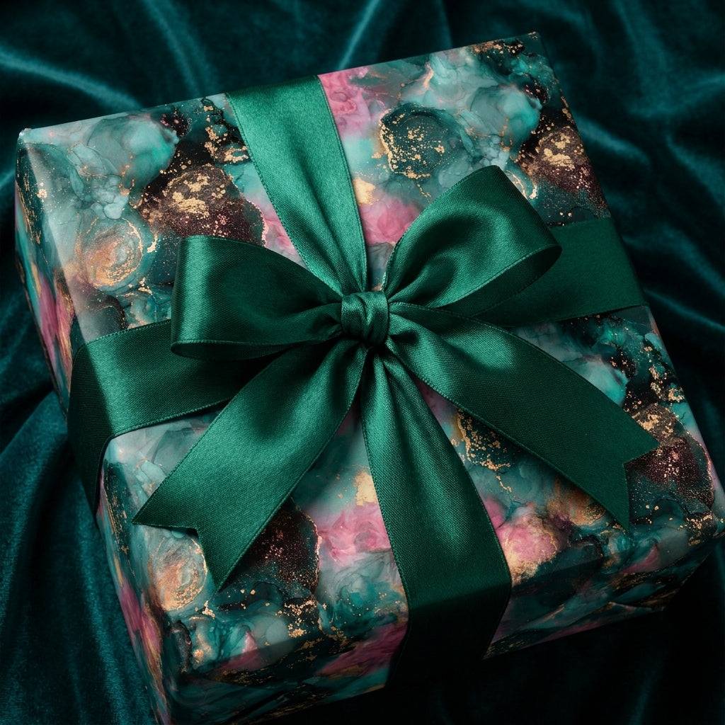 Luxury emerald green, pink, and gold alcohol ink wrapping paper with a satin bow, by Wrapped Studios.