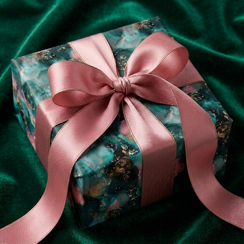 Emerald green marble luxury wrapping paper with a dusty rose satin bow by Wrapped Studios.