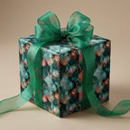 Luxury teal and gold abstract gift wrap with a green organza ribbon on a gift box. Wrapped Studios.