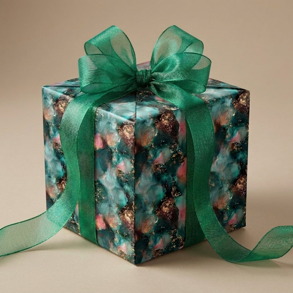 Luxury teal and gold abstract gift wrap with a green organza ribbon on a gift box. Wrapped Studios.