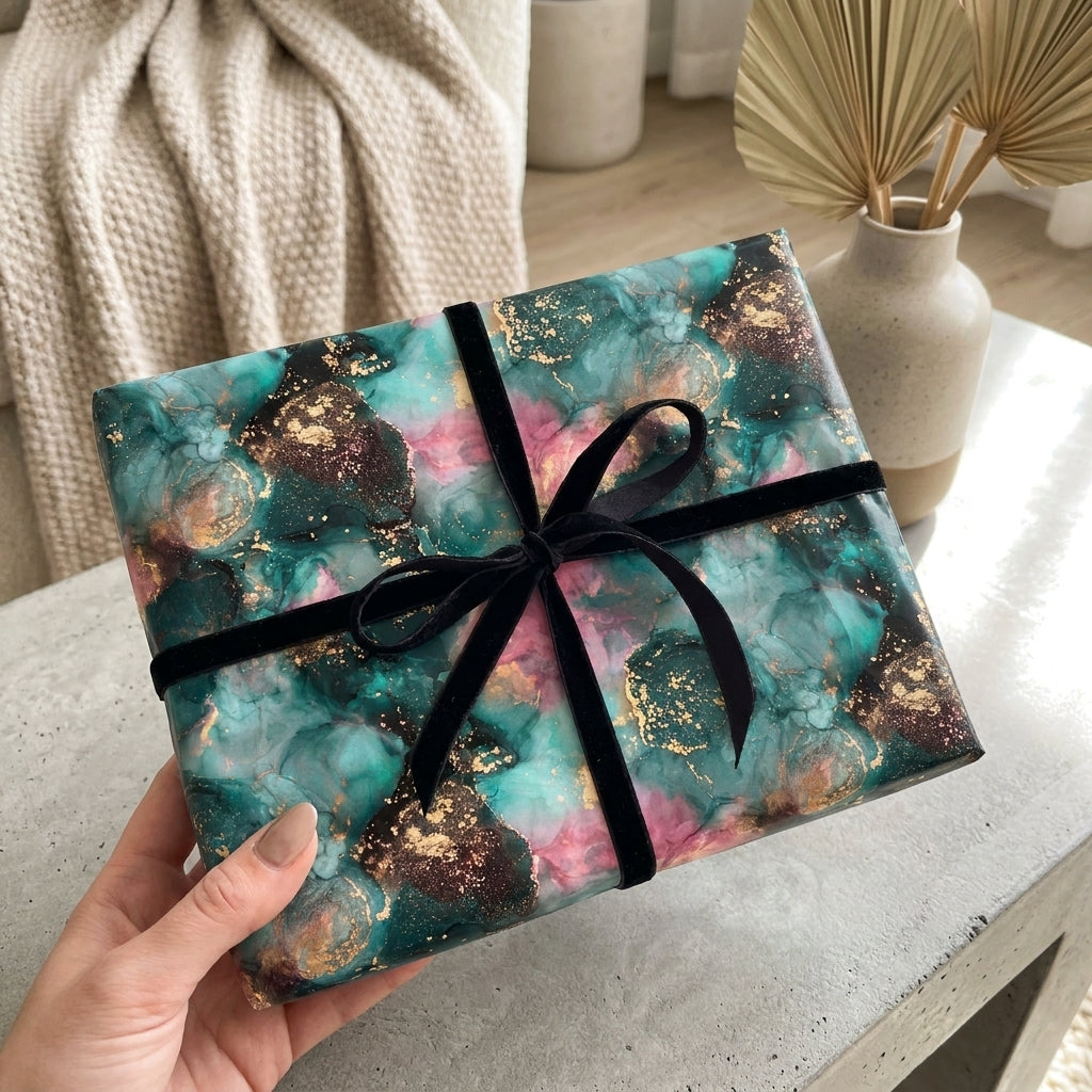 Luxury teal and gold abstract wrapping paper with a black velvet bow by Wrapped Studios.