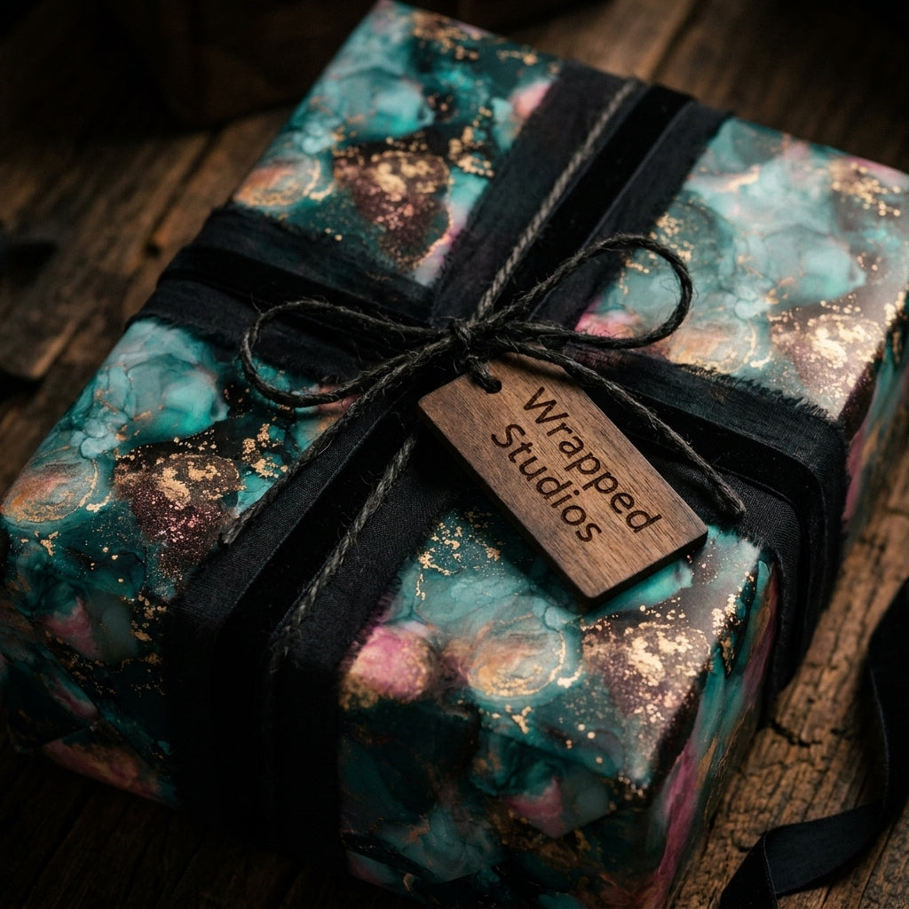 Teal and gold luxury gift wrap with black ribbon and a wooden Wrapped Studios tag on a rustic table.