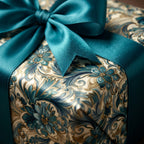 Elegant floral wrapping paper with teal satin ribbon.