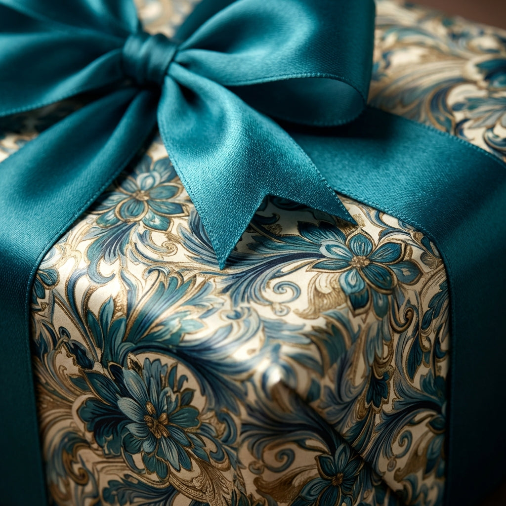 Elegant floral wrapping paper with teal satin ribbon.