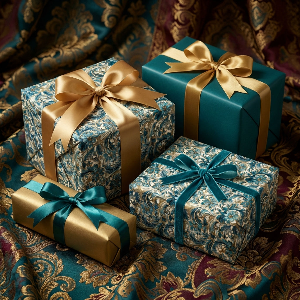 Elegant gifts wrapped in luxury floral wrapping paper, teal and gold ribbons, perfect for Christmas or a special birthday.