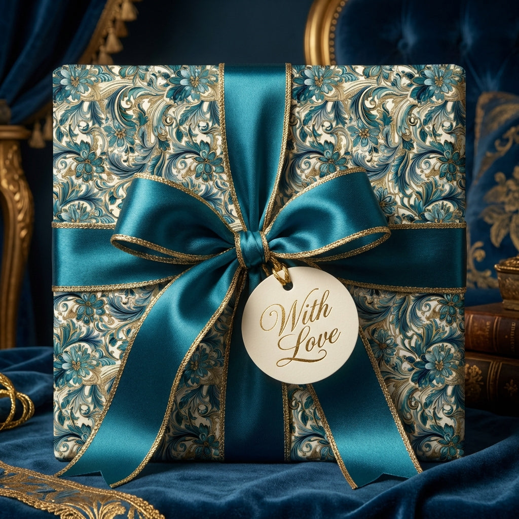 Elegant square gift box wrapped in floral wrapping paper with teal ribbon and "With Love" tag.