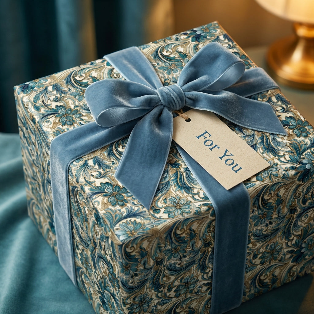 Elegant floral wrapping paper in teal and gold, tied with a blue velvet ribbon and "For You" tag.
