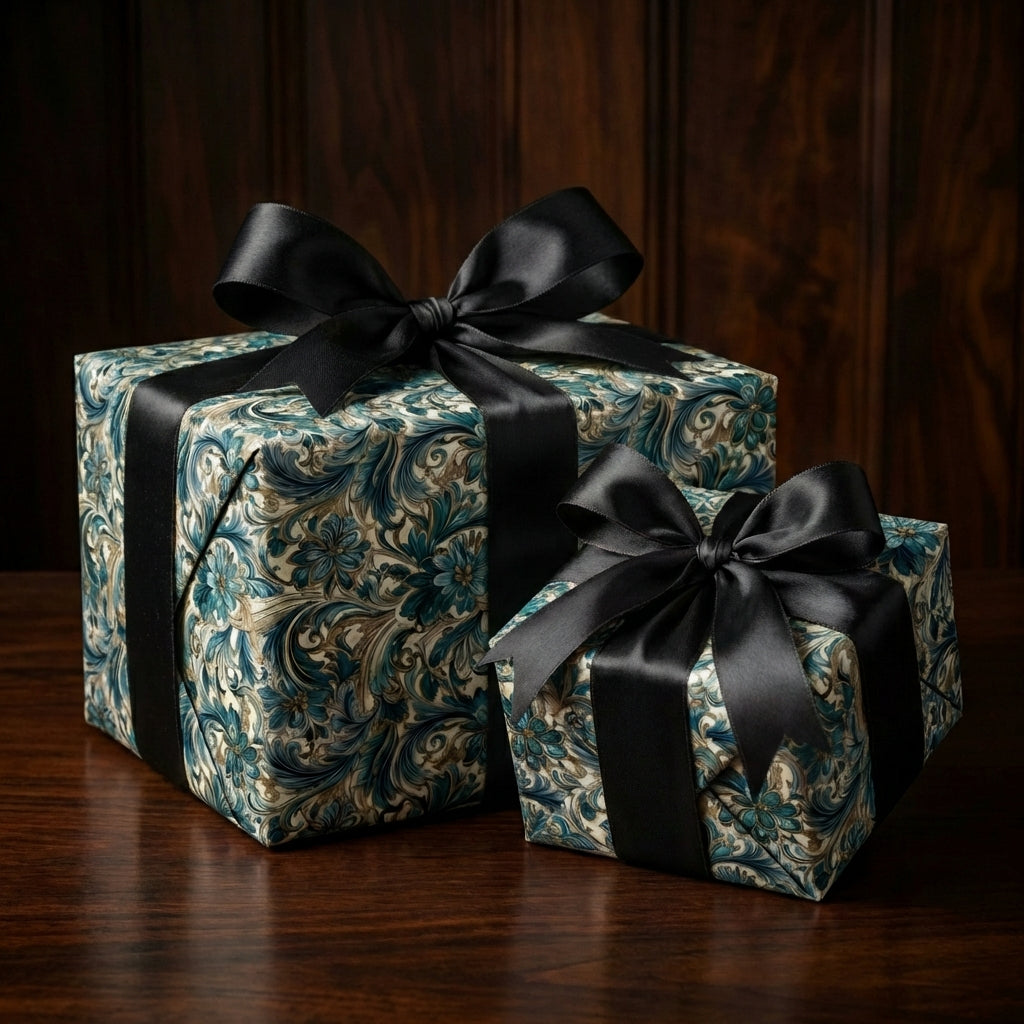 Two gifts wrapped in elegant floral wrapping paper with black satin ribbons.