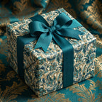 Elegant gift box wrapped in blue floral wrapping paper with matching ribbon and bow.