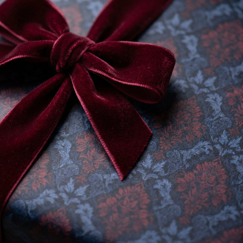 Elegant gift box wrapped in navy floral wrapping paper and tied with a plush burgundy velvet ribbon.