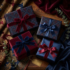 Elegant gifts wrapped in floral wrapping paper with velvet ribbons, for a luxurious present.