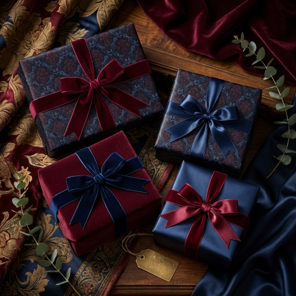 Elegant gifts wrapped in floral wrapping paper with velvet ribbons, for a luxurious present.