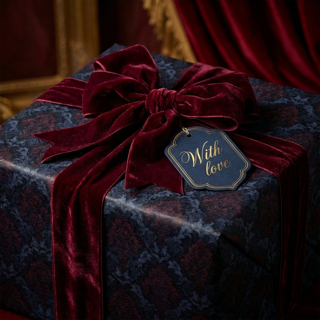 Elegant gift wrapped in dark floral wrapping paper with a burgundy velvet ribbon and "With love" tag.