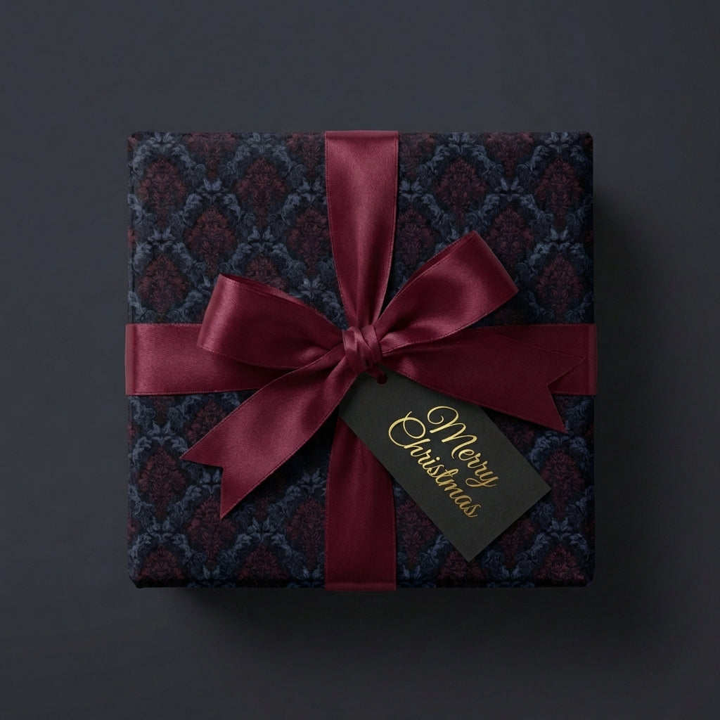 Elegant Christmas gift wrapped in damask floral paper with a burgundy satin ribbon and "Merry Christmas" tag.