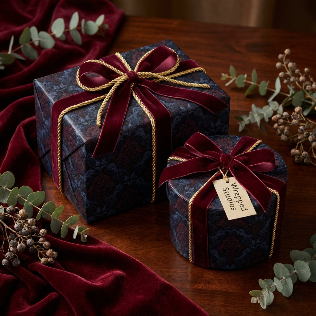 Elegant floral wrapping paper on gifts with velvet ribbon, luxury gift wrap for weddings or special occasions.