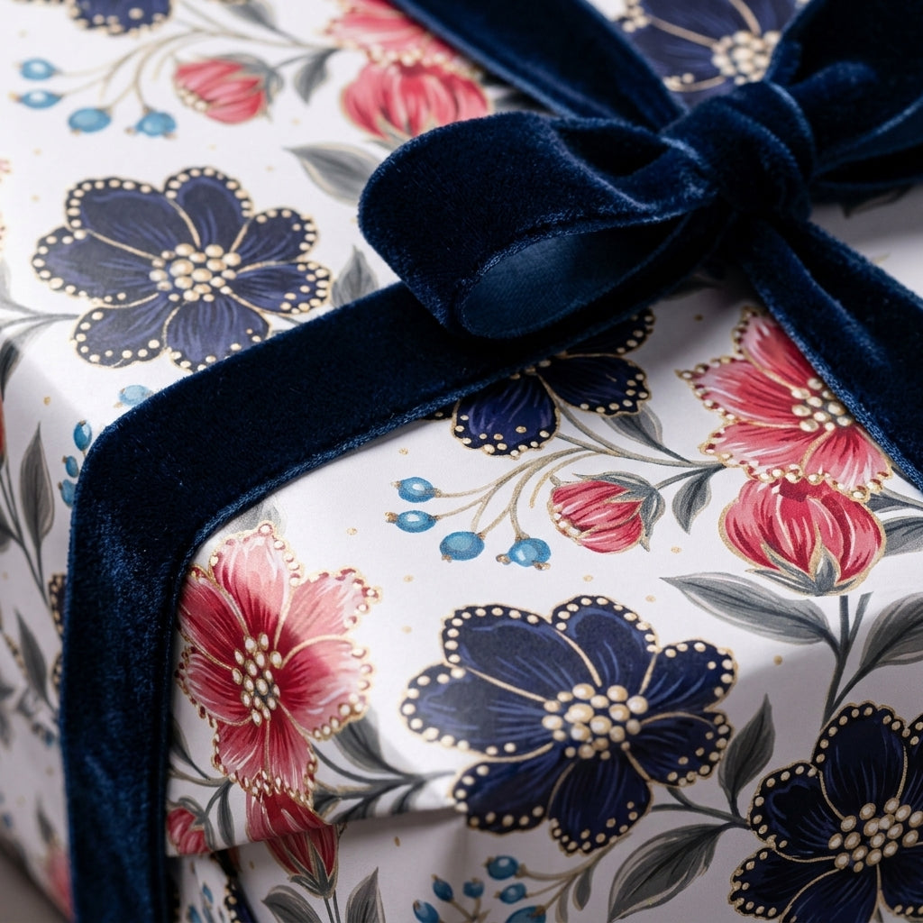 Luxury pink and navy floral wrapping paper with velvet ribbon by Wrapped Studios.