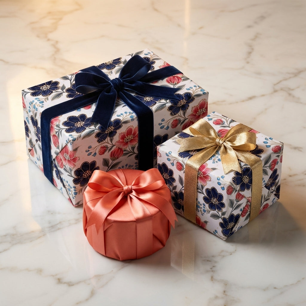 Elegant navy and coral floral wrapping paper with luxury velvet and gold ribbons by Wrapped Studios.