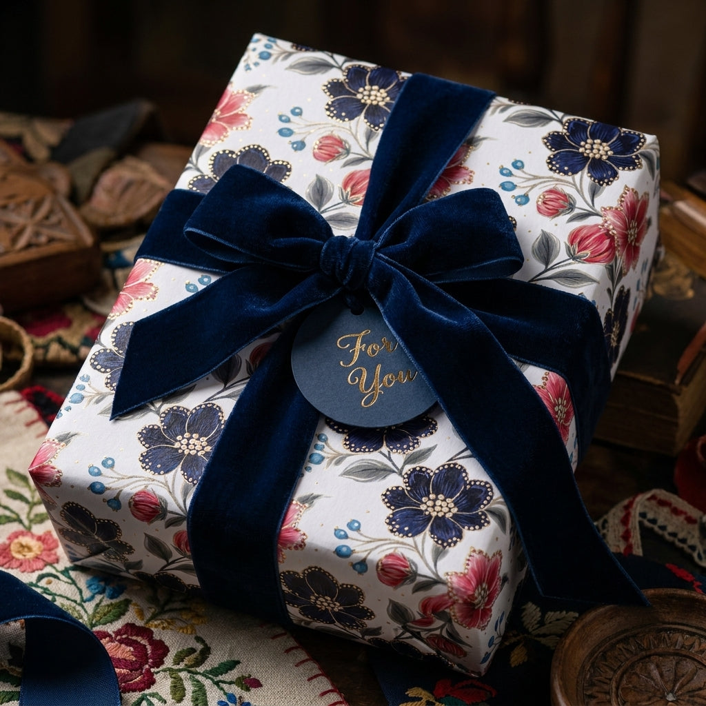Luxury floral wrapping paper with a navy velvet ribbon and gift tag by Wrapped Studios.