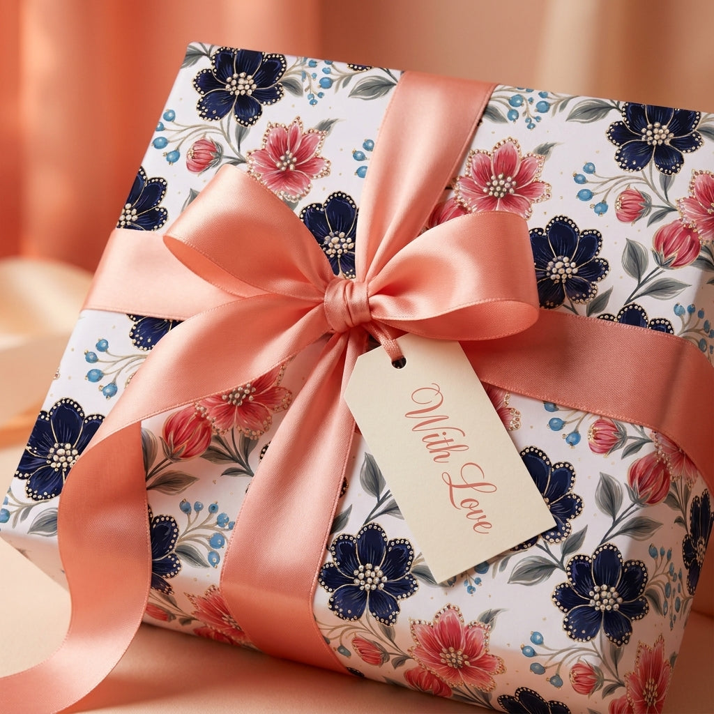 Luxury floral gift wrap with a peach satin bow and 'With Love' gift tag from Wrapped Studios.