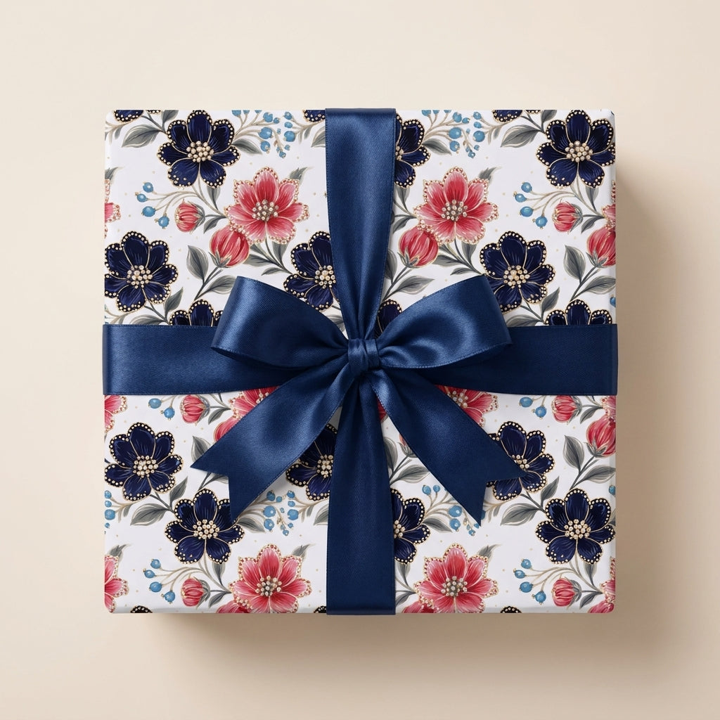 Luxury floral wrapping paper in navy blue and pink with a satin ribbon on a gift box by Wrapped Studios.